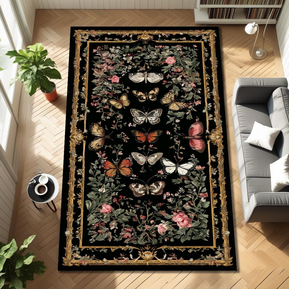 Commercial Window Printing - Vintage Çiçekli Kelebek Desenli Büyük Halı,